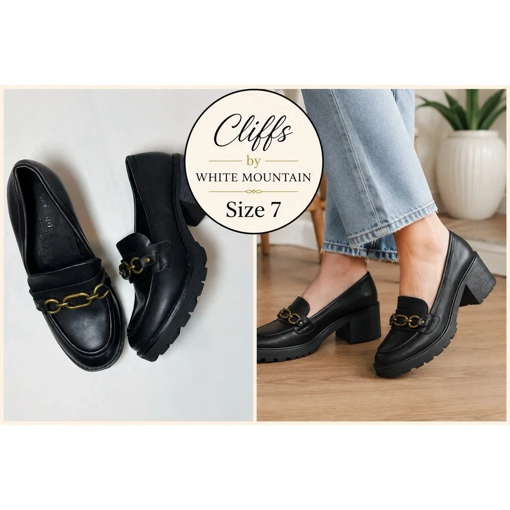 Cliffs by White Mountain Y2K Black Chunky Loafers Sz 7 Slip On Chain Detail